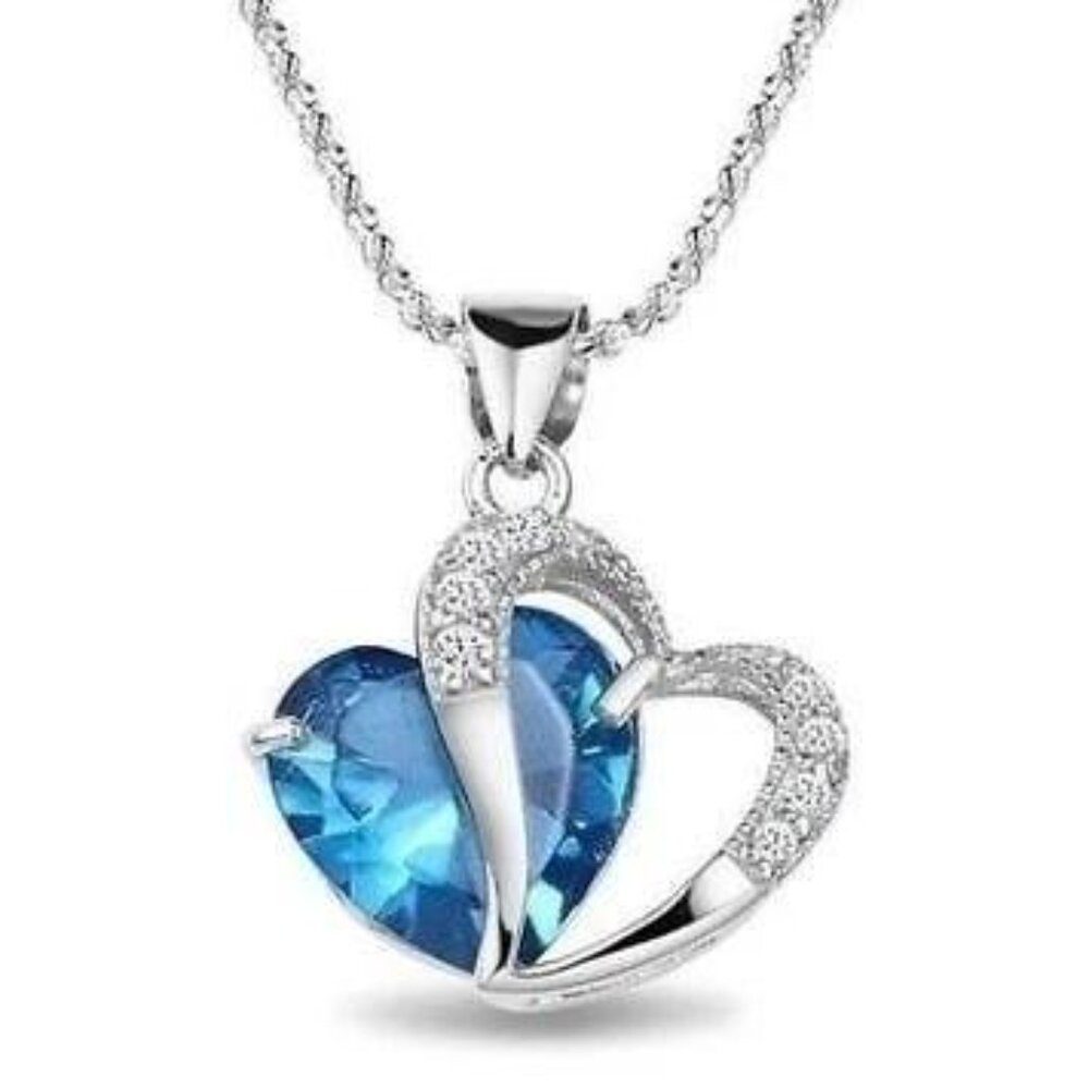 Women’s Silver Plated Necklace & Pendant Blue Double Hearts Crystal Gemstone Ame